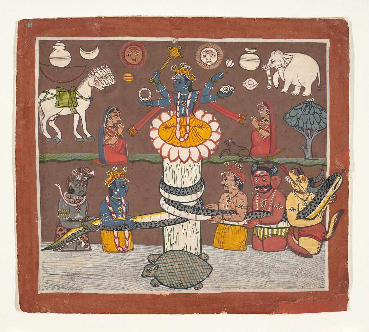 The Churning of the Ocean of Milk, Ink and opaque watercolor on paper, India (Punjab Hill, Mandi) 
