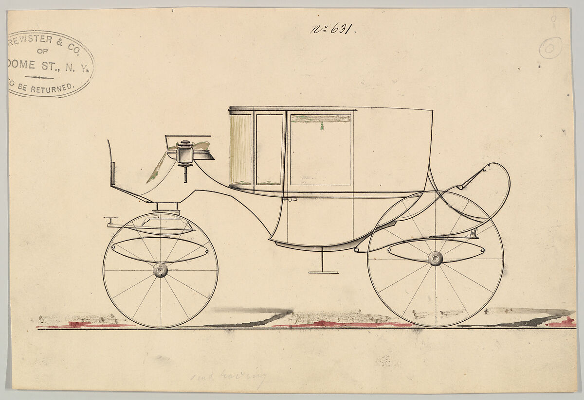Design for Coupé, no. 631 ("Clarence on C Springs"), Brewster &amp; Co. (American, New York), Pen and black ink watercolor and gouache 