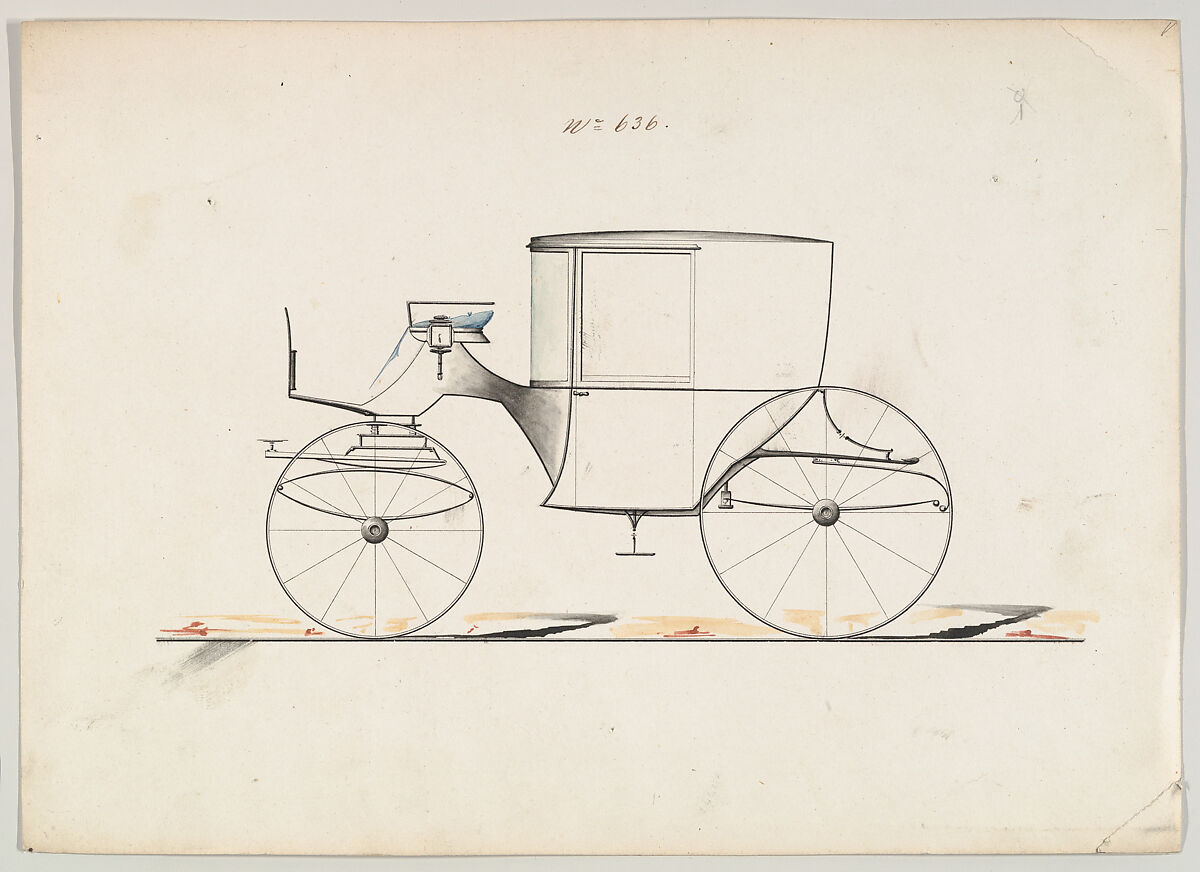 Design for Coupé, no. 636 ("Round Front Coupe on Platform Springs"), Brewster &amp; Co. (American, New York), Pen and black in, watercolor and gouache 