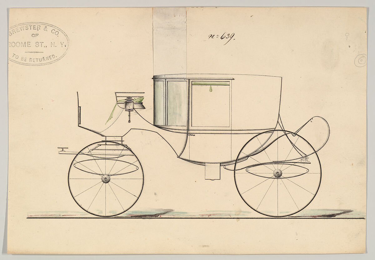 Design for Coupé, no. 639 ("Three-quarter Size Clarence with C Springs Behind"), Brewster &amp; Co. (American, New York), Watercolor and ink 
