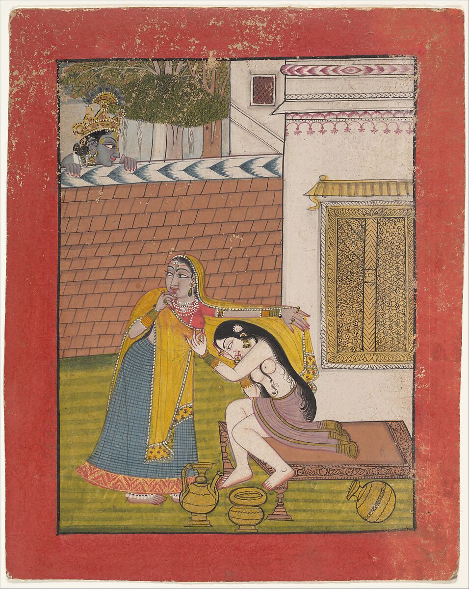 Krishna Spying on Radha, Ink and opaque watercolor on paper, India (Punjab Hills, Mandi) 