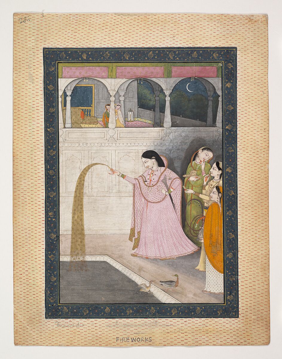 Lady Holding a Sparkler, Ink, opaque watercolor, silver and gold on paper, India (Punjab Hills, Kangra) 
