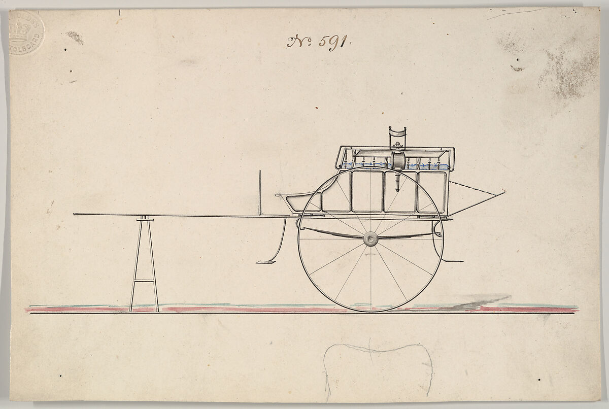 Design for White Chapel Cart, no. 591, Brewster &amp; Co. (American, New York), Graphite, pen and black ink, watercolor and gouache 