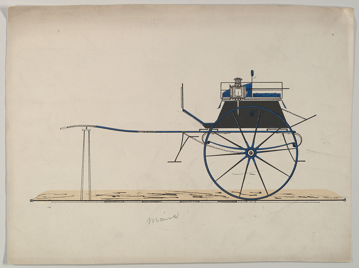 Design for Tandem Cart (unnumbered), Brewster &amp; Co. (American, New York), graphite and hand colored engraving from carriage journal 