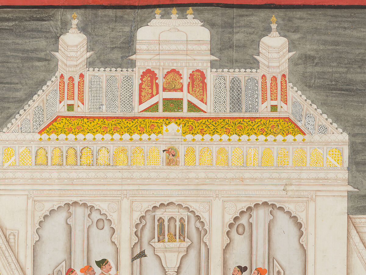 Maharana Ari Singh with His Courtiers Being Entertained at the Jagniwas Water Palace, Bhima  , Indian, Ink, opaque watercolor, and gold on paper, India (Rajasthan, Mewar, Udaipur)