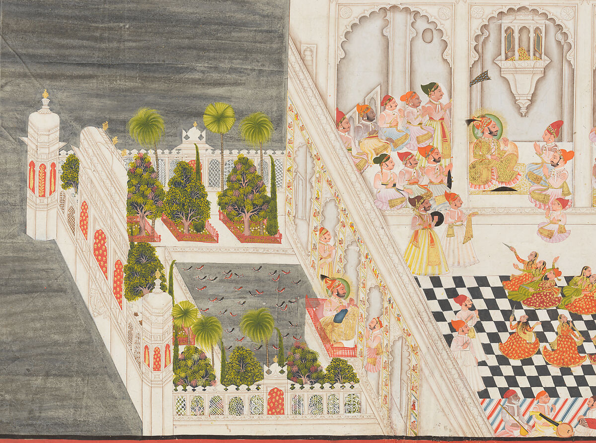 Maharana Ari Singh with His Courtiers Being Entertained at the Jagniwas Water Palace, Bhima  , Indian, Ink, opaque watercolor, and gold on paper, India (Rajasthan, Mewar, Udaipur)
