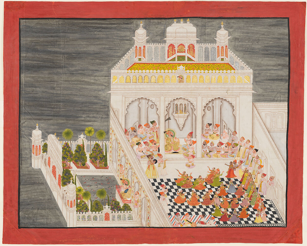 Maharana Ari Singh with His Courtiers Being Entertained at the Jagniwas Water Palace, Bhima , Indian Indian, Ink, opaque watercolor, and gold on paper, India (Rajasthan, Mewar, Udaipur)