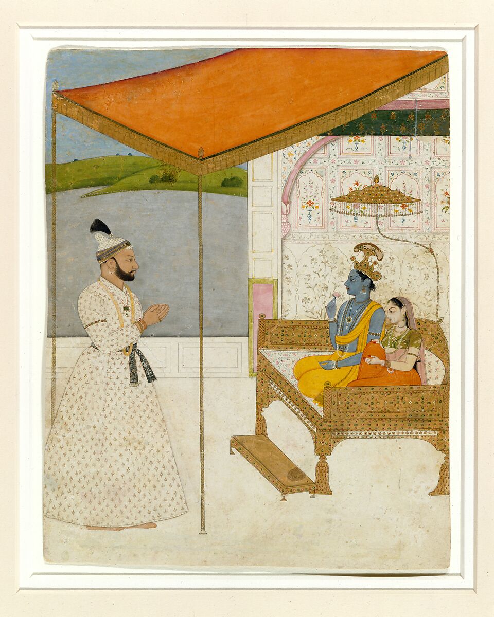 Raja Balwant Singh’s Vision of Krishna and Radha, Attributed to Nainsukh (active ca. 1735–78), Ink, opaque watercolor, and gold on paper, India, Punjab Hills, kingdom of Jasrota 