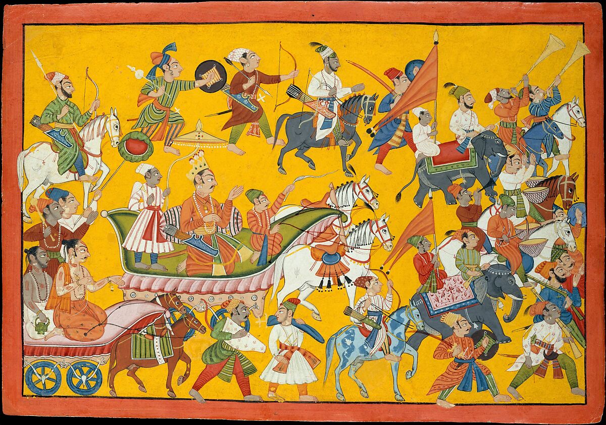 King Dasaratha and His Retinue Proceed to Rama's Wedding:  Folio from the Shangri Ramayana Series (Style II), Opaque watercolor and ink on paper, India, Punjab Hills, kingdom of Mankot 