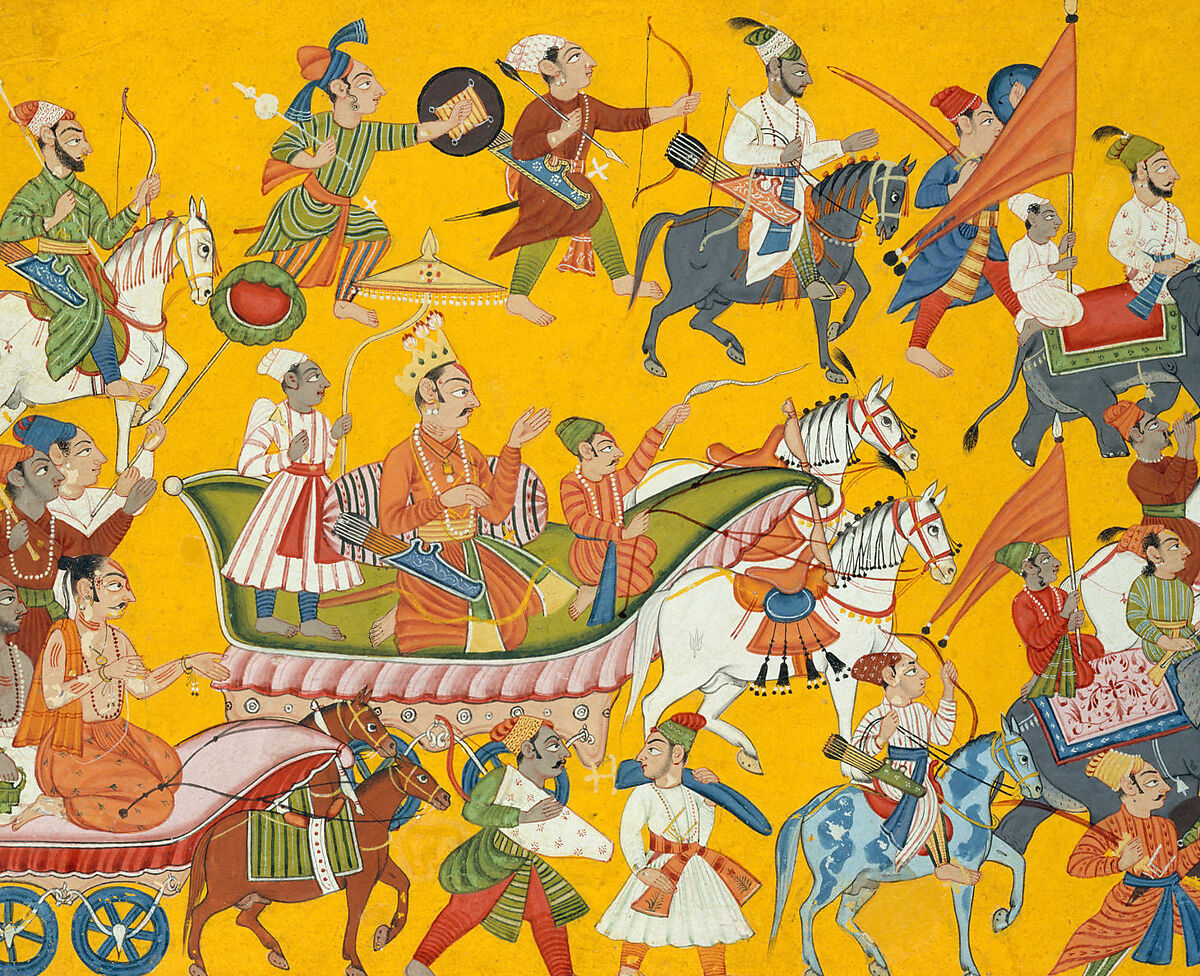 King Dasaratha and His Retinue Proceed to Rama's Wedding:  Folio from the Shangri Ramayana Series (Style II), Opaque watercolor and ink on paper, India, Punjab Hills, kingdom of Mankot