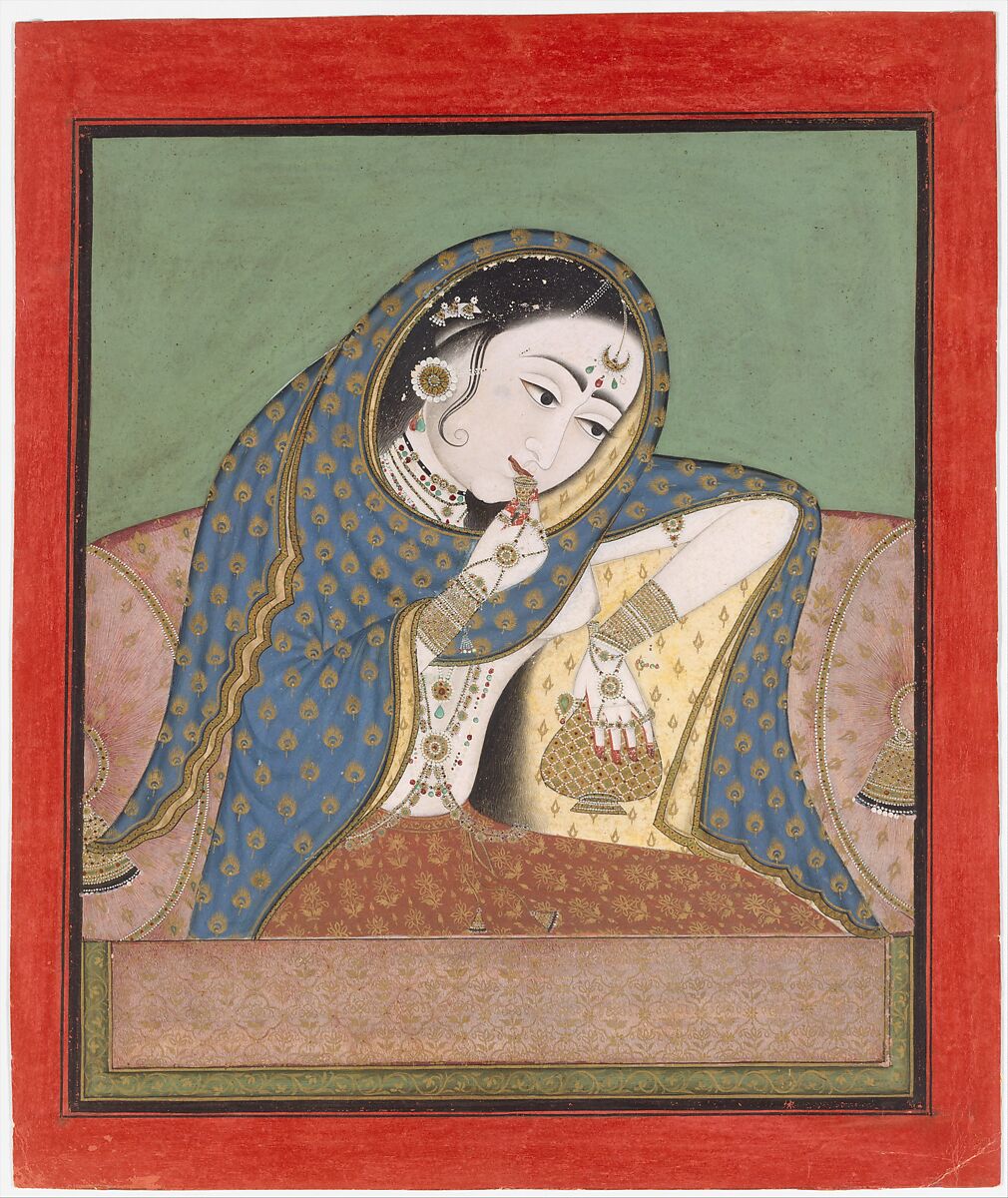 Melancholy Courtesan, Ink, gold and opaque watercolor on paper, India (Rajasthan, Bundi, or Kota [?]) 