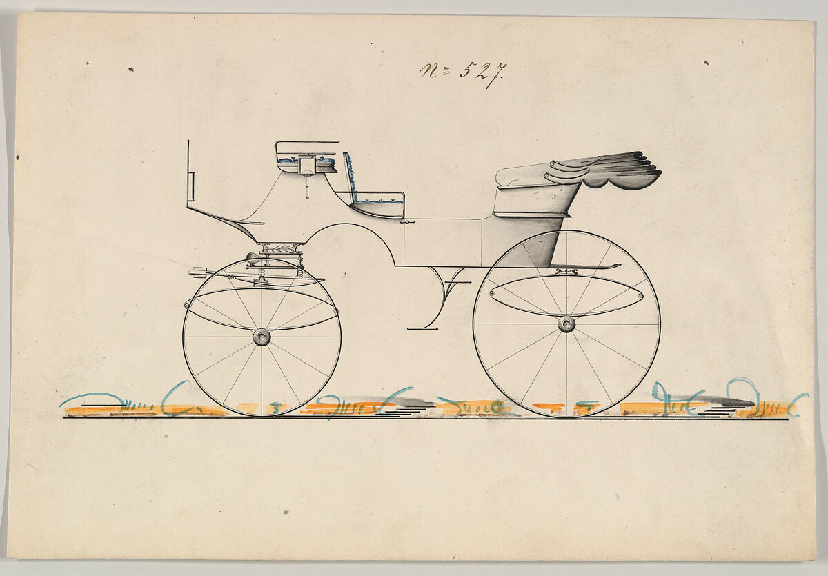 Design for Morrell Wagon, no. 527, Brewster &amp; Co. (American, New York), Pen and black ink, watercolor and gouache 