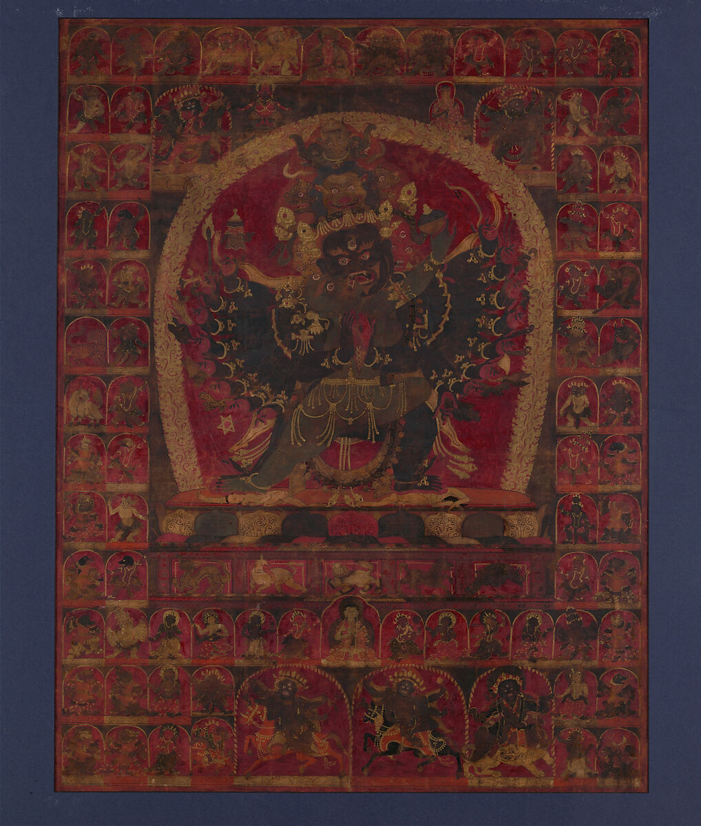 The Wrathful Bon Deity Walse Ngampa, One of the Five Fortress Meditational Deities, Ink, gold and opaque watercolor on cloth, Tibet 