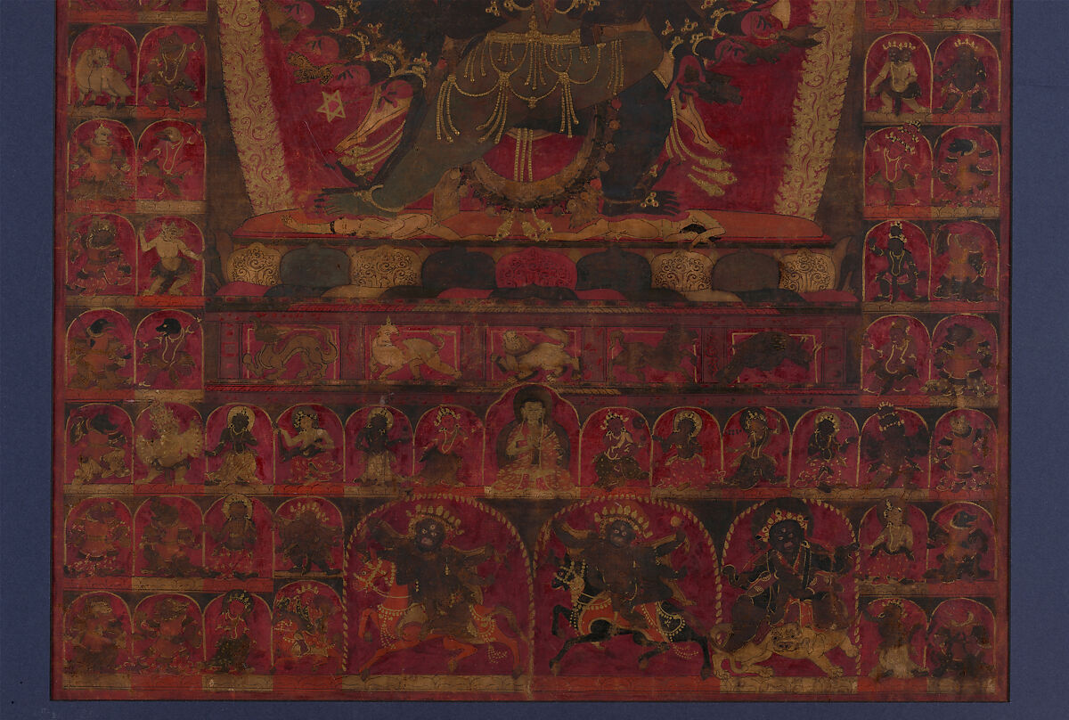 The Wrathful Bon Deity Walse Ngampa, One of the Five Fortress Meditational Deities, Ink, gold and opaque watercolor on cloth, Tibet