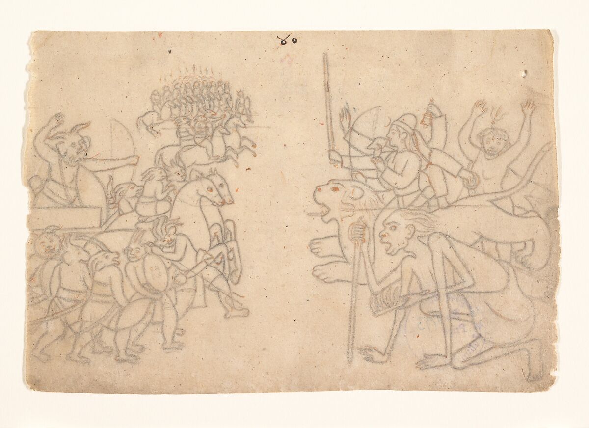 Durga and Kali Approach the Gathered Armies of Chanda and Munda: Scene from the Devi Mahatmya, Graphite and ink on paper, pricked for transfer, India (Himachal Pradesh, Guler) 