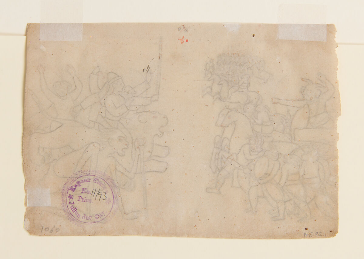 Durga and Kali Approach the Gathered Armies of Chanda and Munda: Scene from the Devi Mahatmya, Graphite and ink on paper, pricked for transfer, India (Himachal Pradesh, Guler)