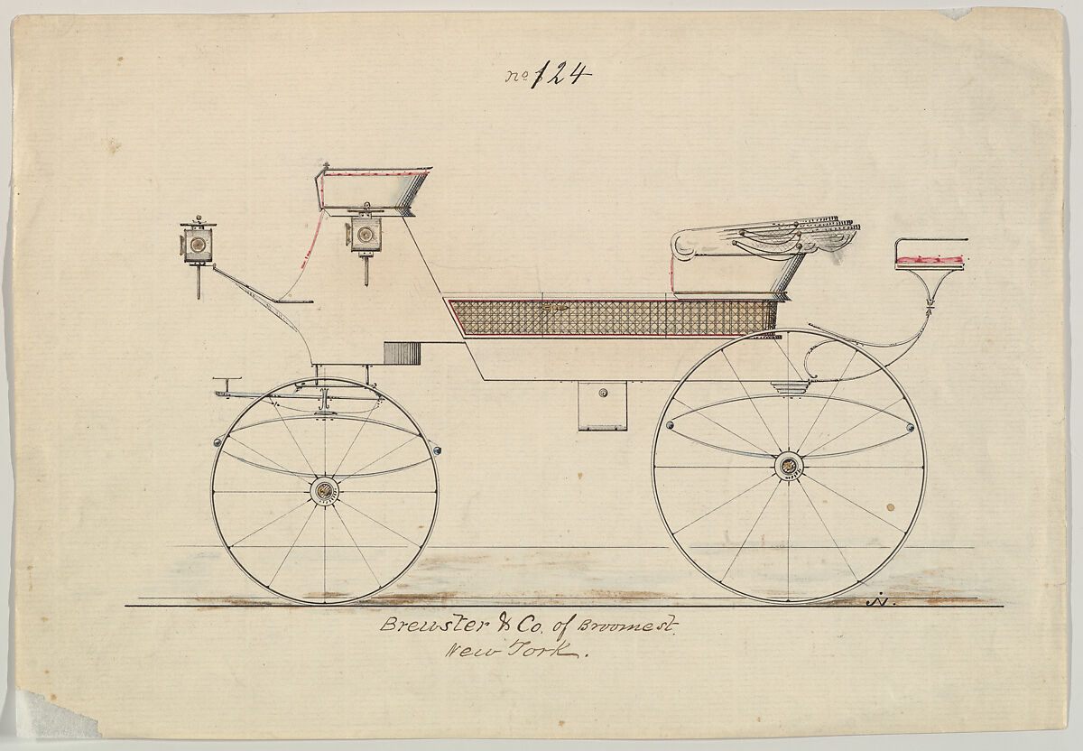 Design for Drag no. 124, Brewster &amp; Co. (American, New York), Pen and black ink watercolor and gouache 