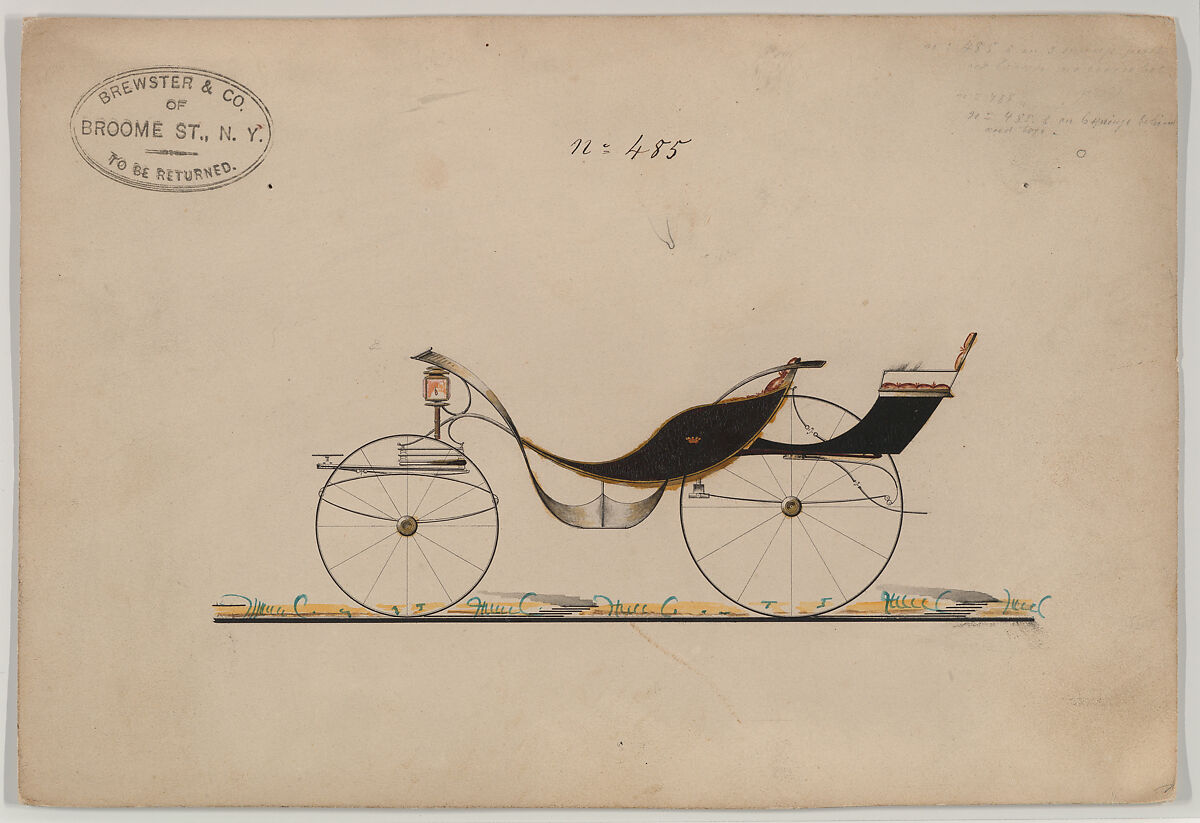 Victoria/Phaeton #485, Brewster &amp; Co. (American, New York), Pen and black ink, watercolor and gouache with gum arabic 