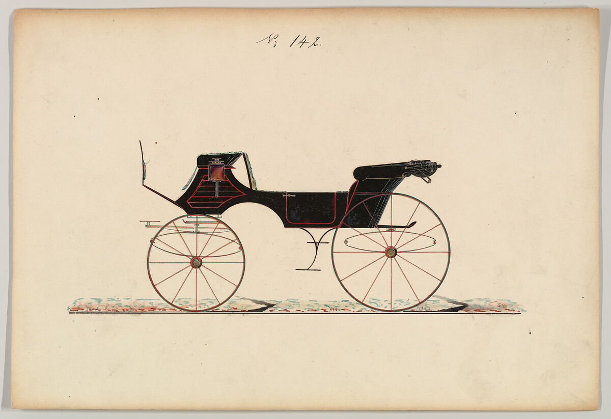 Design for Vis-à-vis, no. 142, Brewster &amp; Co. (American, New York), Pen and black ink, watercolor and gouache with gum arabic and metallic ink 