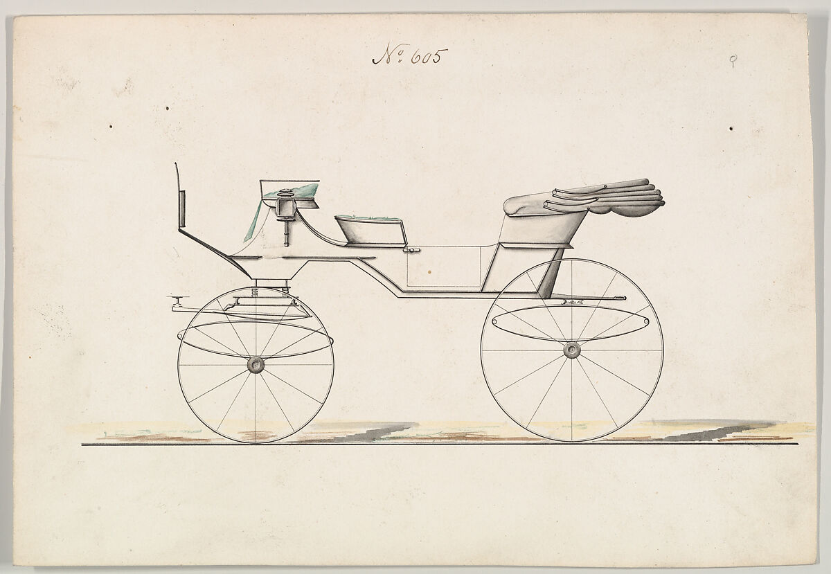 Design for Vis-à-vis, no. 605, Brewster &amp; Co. (American, New York), pen and black ink, watercolor and gouache 
