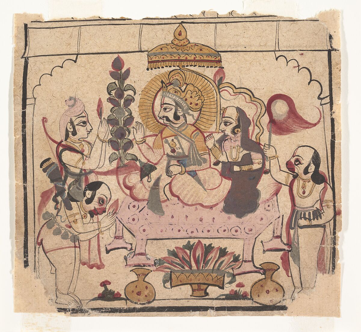 Page from a Dispersed  Ramayana:  (Story of Rama), Ink and opaque watercolor on paper, India (Rajasthan, Sirohi, Bundi or Kotah) 