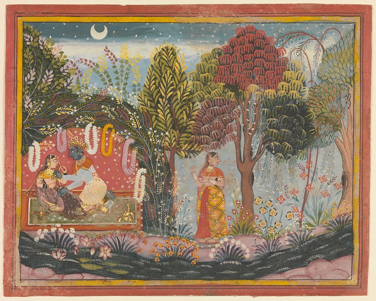 Krishna and Radha in a Bower:  Page From a Dispersed Gita Govinda, Sahibdin (active ca. 1628–55), Ink and opaque watercolor on paper, India (Rajasthan, Mewar) 