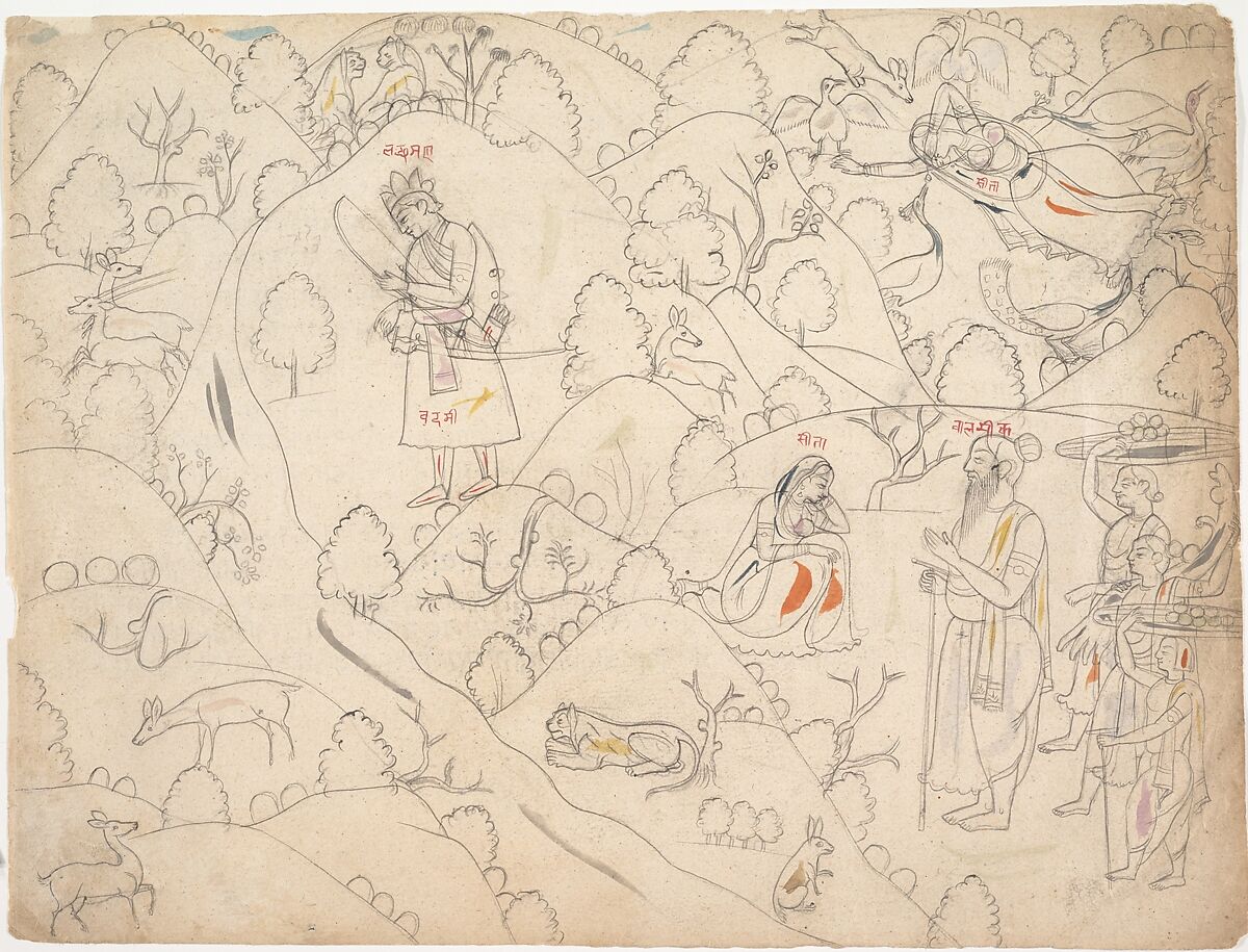 Page from a Dispersed Ramayana (Story of Rama), Graphite with color on paper, India (Punjab Hills, Kangra) 