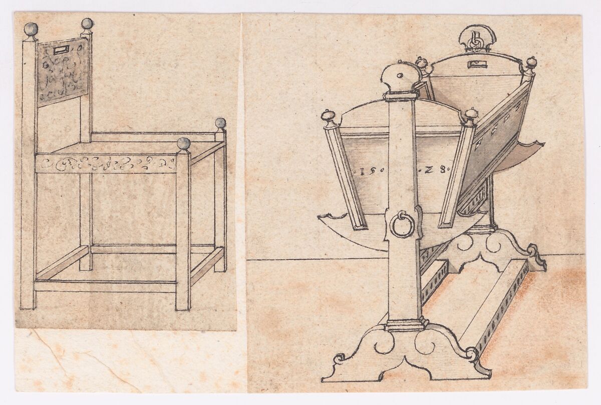 Perspectival Drawing of a Cradle, Peter Flötner (German, Thurgau 1485–1546 Nuremberg), Pen and black ink, brush and gray, and a reddish brown chalk