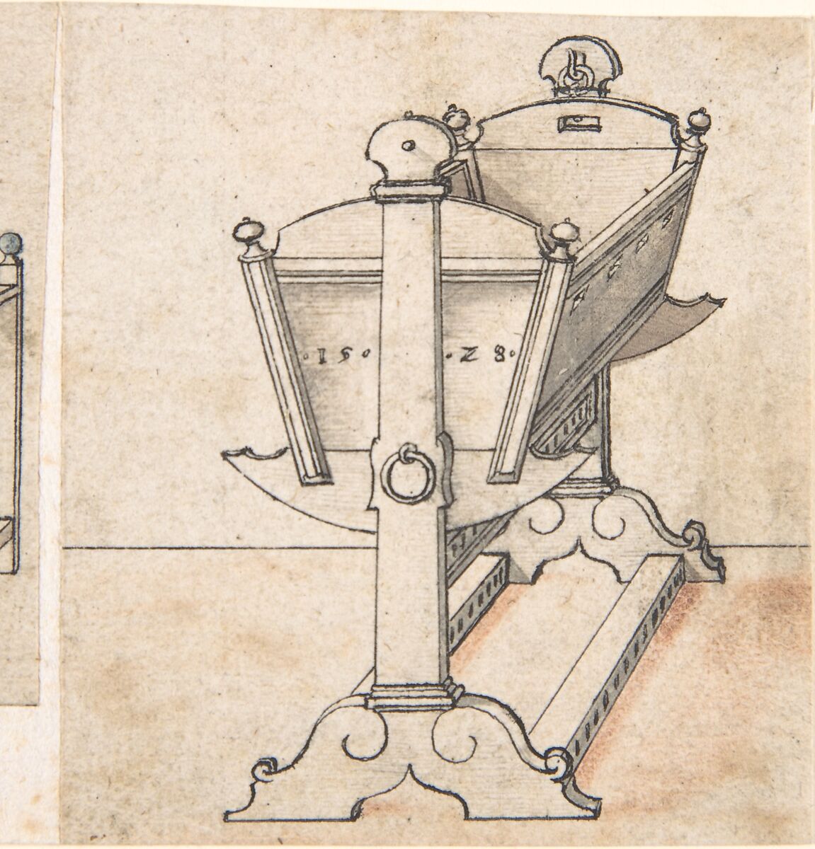 Perspectival Drawing of a Cradle, Peter Flötner (German, Thurgau 1485–1546 Nuremberg), Pen and black ink, brush and gray, and a reddish brown chalk 