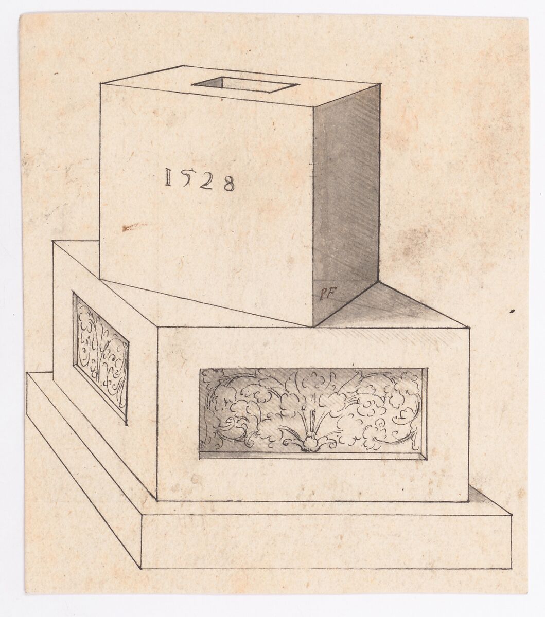 Perspectival Drawing of a Column Base with Cube, Peter Flötner (German, Thurgau 1485–1546 Nuremberg), Pen and black ink, brush and gray wash