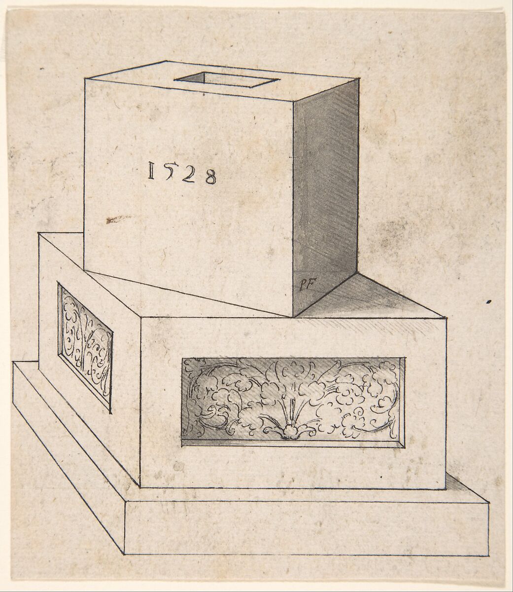 Perspectival Drawing of a Column Base with Cube, Peter Flötner (German, Thurgau 1485–1546 Nuremberg), Pen and black ink, brush and gray wash 