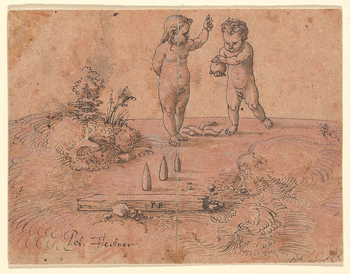 Two Children Playing with a Ball, Peter Flötner (German, Thurgau 1485–1546 Nuremberg), Pen and brown ink, brush and brown wash, heightened with white bodycolor 