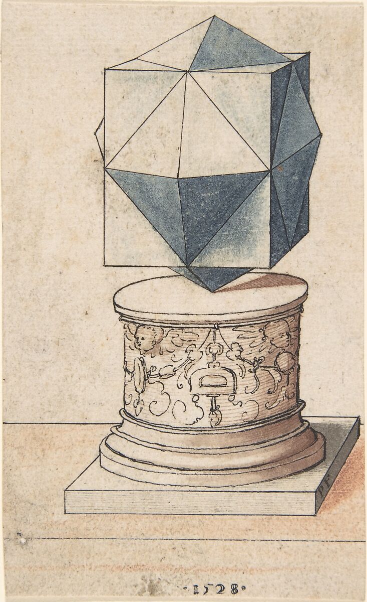 Perspectival Drawing of a Column Base with Geometrical Form, Peter Flötner (German, Thurgau 1485–1546 Nuremberg), Pen and black ink, brush and bluish gray and brown washes 