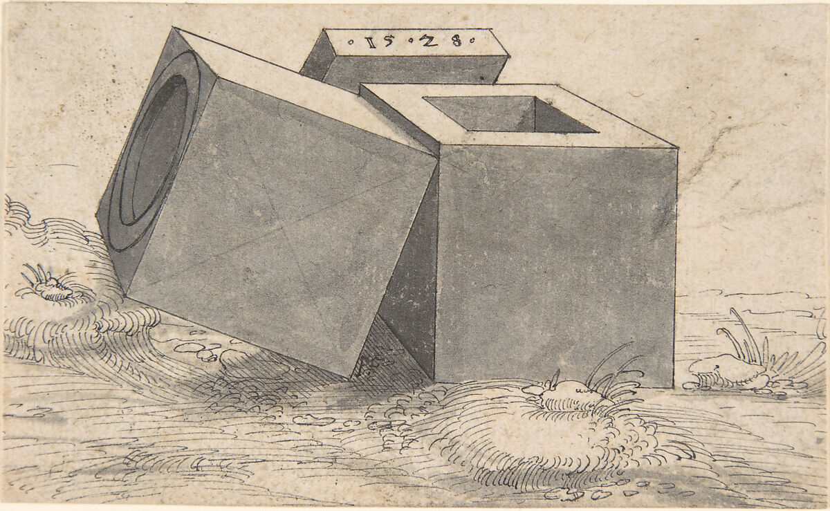 Perspectival Drawing with Three Cubes, Peter Flötner (German, Thurgau 1485–1546 Nuremberg), Pen and black ink, brush and gray wash