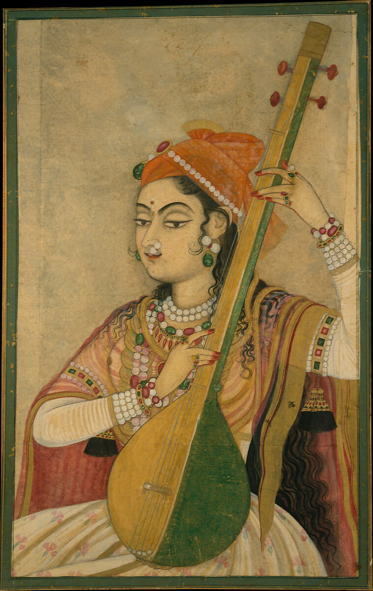 A Lady Playing the Tanpura, Ink, opaque and transparent watercolor, and gold on paper, India (Rajasthan, Kishangarh) 