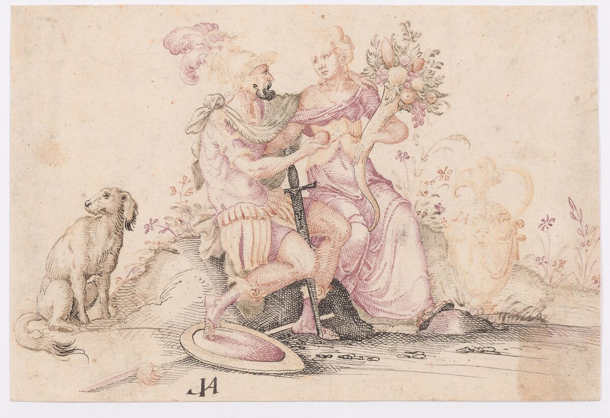 Mars and Pomona, Jost Amman (Swiss, Zurich before 1539–1591 Nuremberg), Pen and black, brown, green, red, purple and gray ink