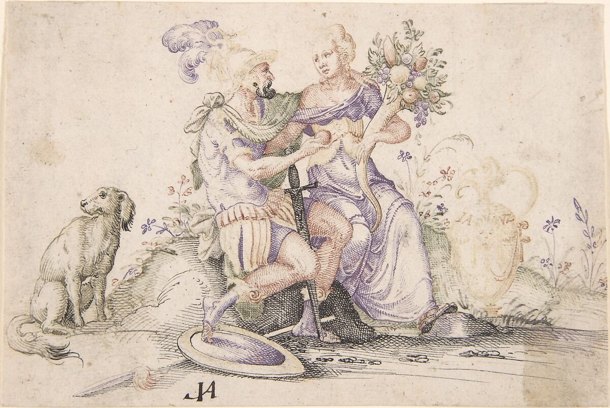 Mars and Pomona, Jost Amman (Swiss, Zurich before 1539–1591 Nuremberg), Pen and black, brown, green, red, purple and gray ink 