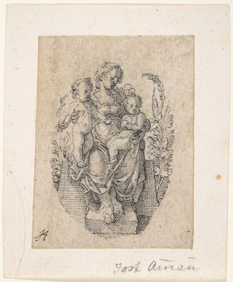 A Seated Personification of Charity with two Children, Jost Amman (Swiss, Zurich before 1539–1591 Nuremberg), Pen and black ink 