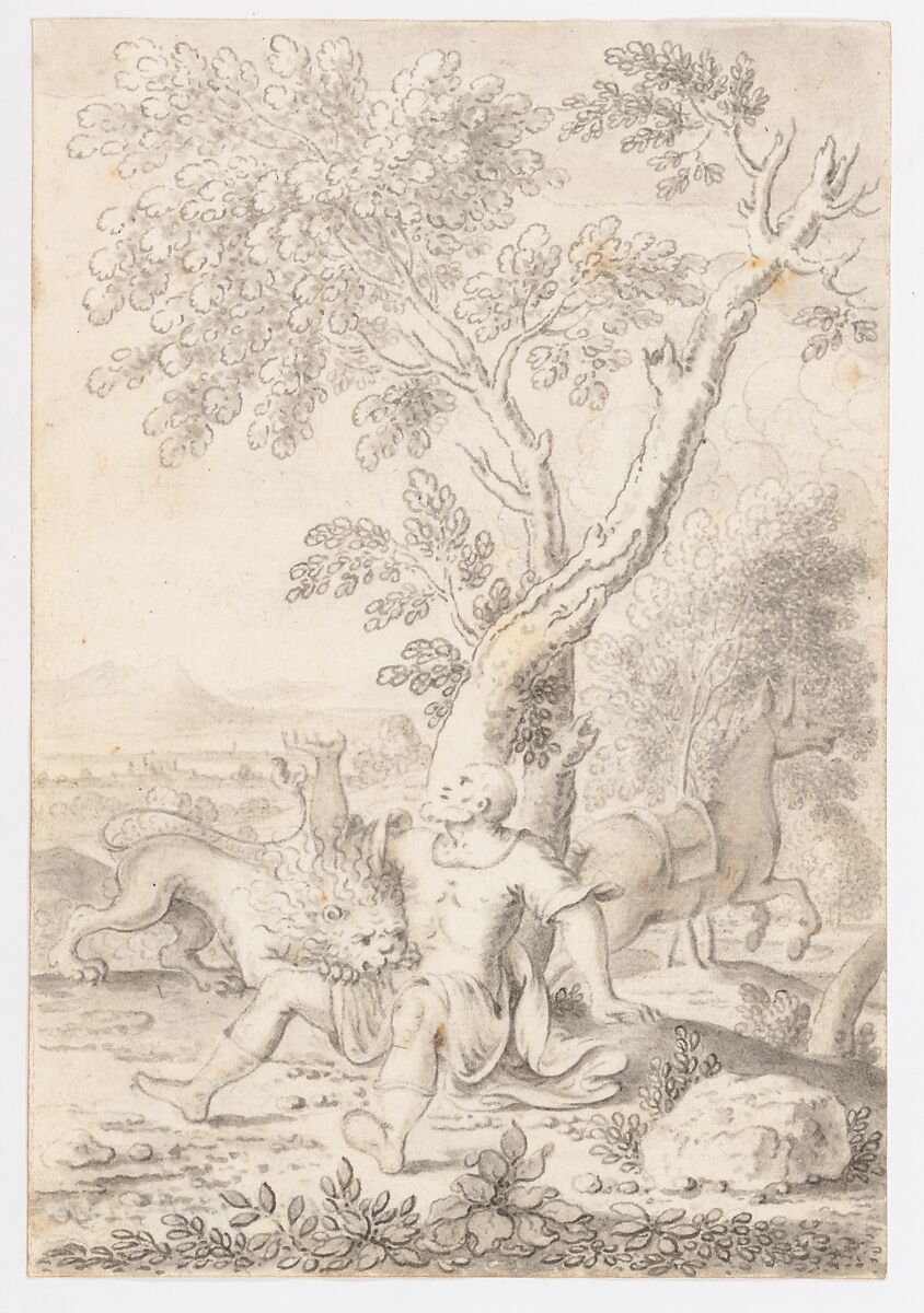 A Man under a Tree Bitten by a Lion while his Horse Escapes, Mathais Füssli the Elder (Swiss, Zurich 1598–1665 Zurich), Pen and gray ink, brush and gray wash