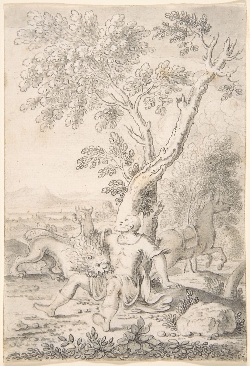 A Man under a Tree Bitten by a Lion while his Horse Escapes, Mathais Füssli the Elder (Swiss, Zurich 1598–1665 Zurich), Pen and gray ink, brush and gray wash 