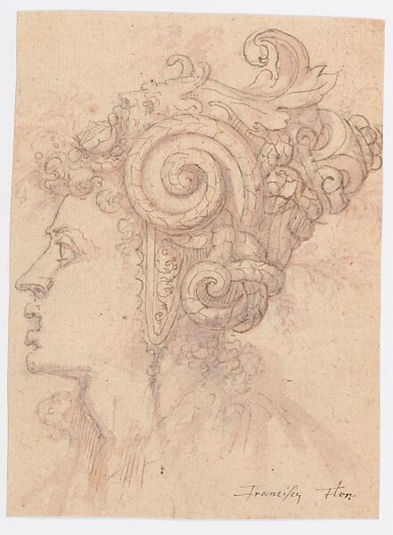 Head of a Woman with Helmet Looking Left, Circle of Francesco Salviati (Francesco de' Rossi) (Italian, Florence 1510–1563 Rome) (?), Pen and brown ink, brush and pink wash, over graphite