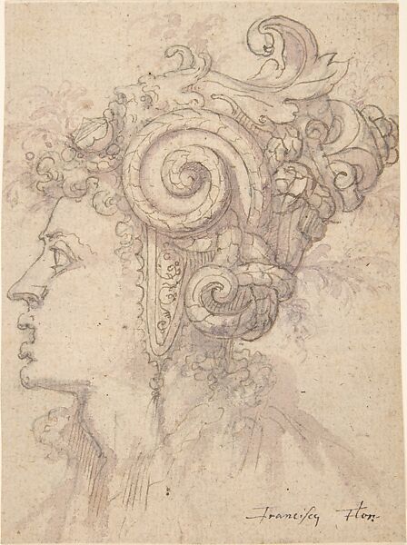 Head of a Woman with Helmet Looking Left, Circle of Francesco Salviati (Francesco de&#39; Rossi) (Italian, Florence 1510–1563 Rome) (?), Pen and brown ink, brush and pink wash, over graphite 