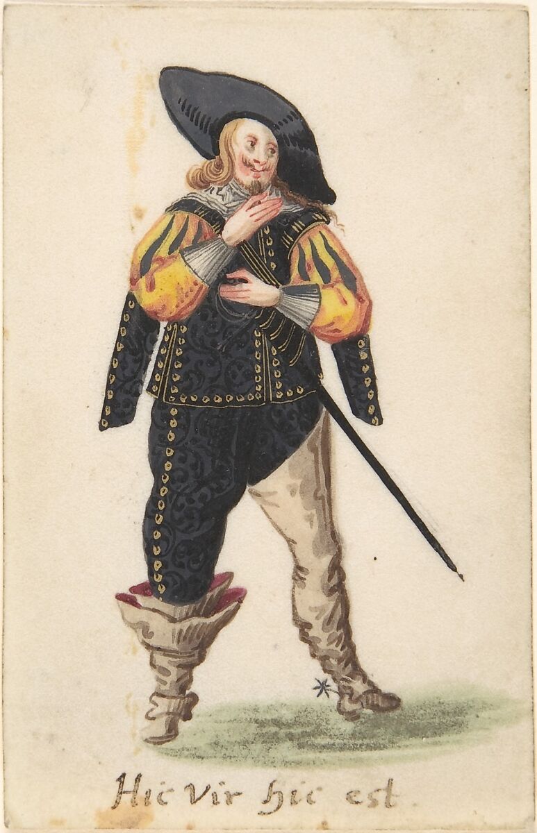 A Standing Cavalier, Anonymous, Swiss, late 16th to early 17th century, Watercolor, gouache, and gold paint with traces of graphite 