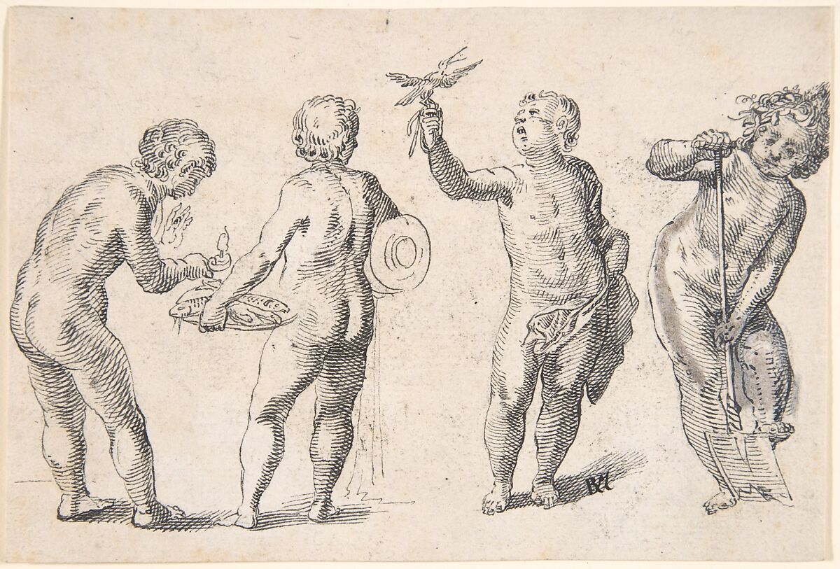 Four Putti representing the Four Elements, Rudolf Meyer (Swiss, Zurich 1605–1638 Zurich), Pen and black ink, brush and gray wash 