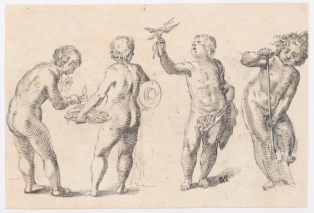 Four Putti representing the Four Elements, Rudolf Meyer (Swiss, Zurich 1605–1638 Zurich), Pen and black ink, brush and gray wash