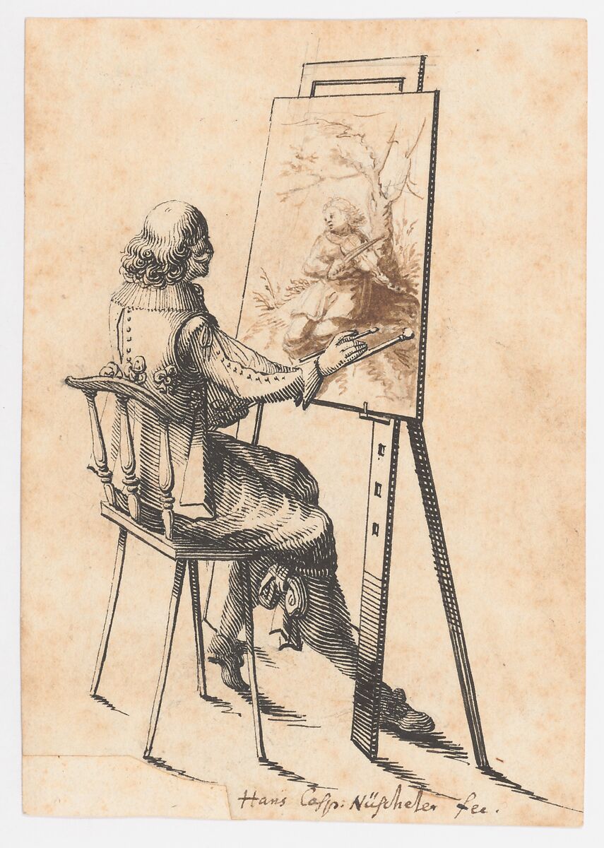 A Painter at his Easel, Hans Caspar Nüscheler (Swiss, Zurich 1615–1652 Zurich), Pen and black ink, brush and brown wash over graphite