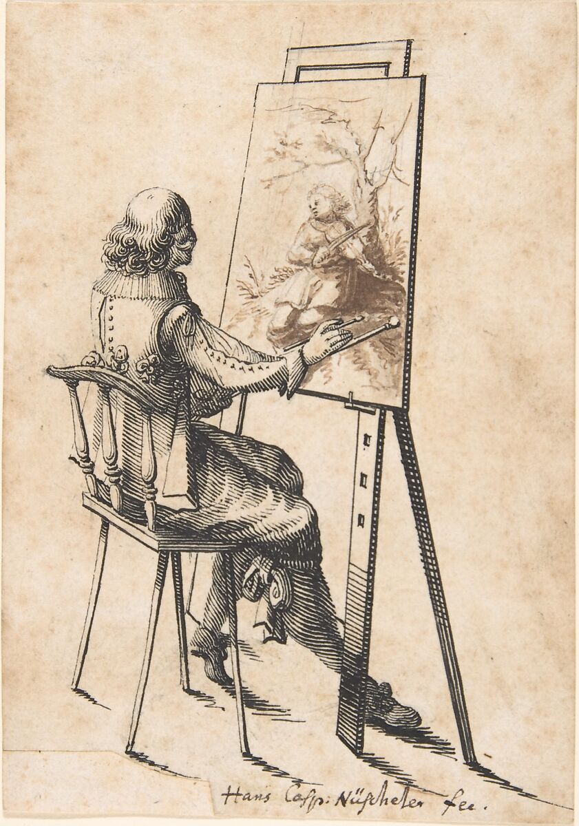 A Painter at his Easel, Hans Caspar Nüscheler (Swiss, Zurich 1615–1652 Zurich), Pen and black ink, brush and brown wash over graphite 