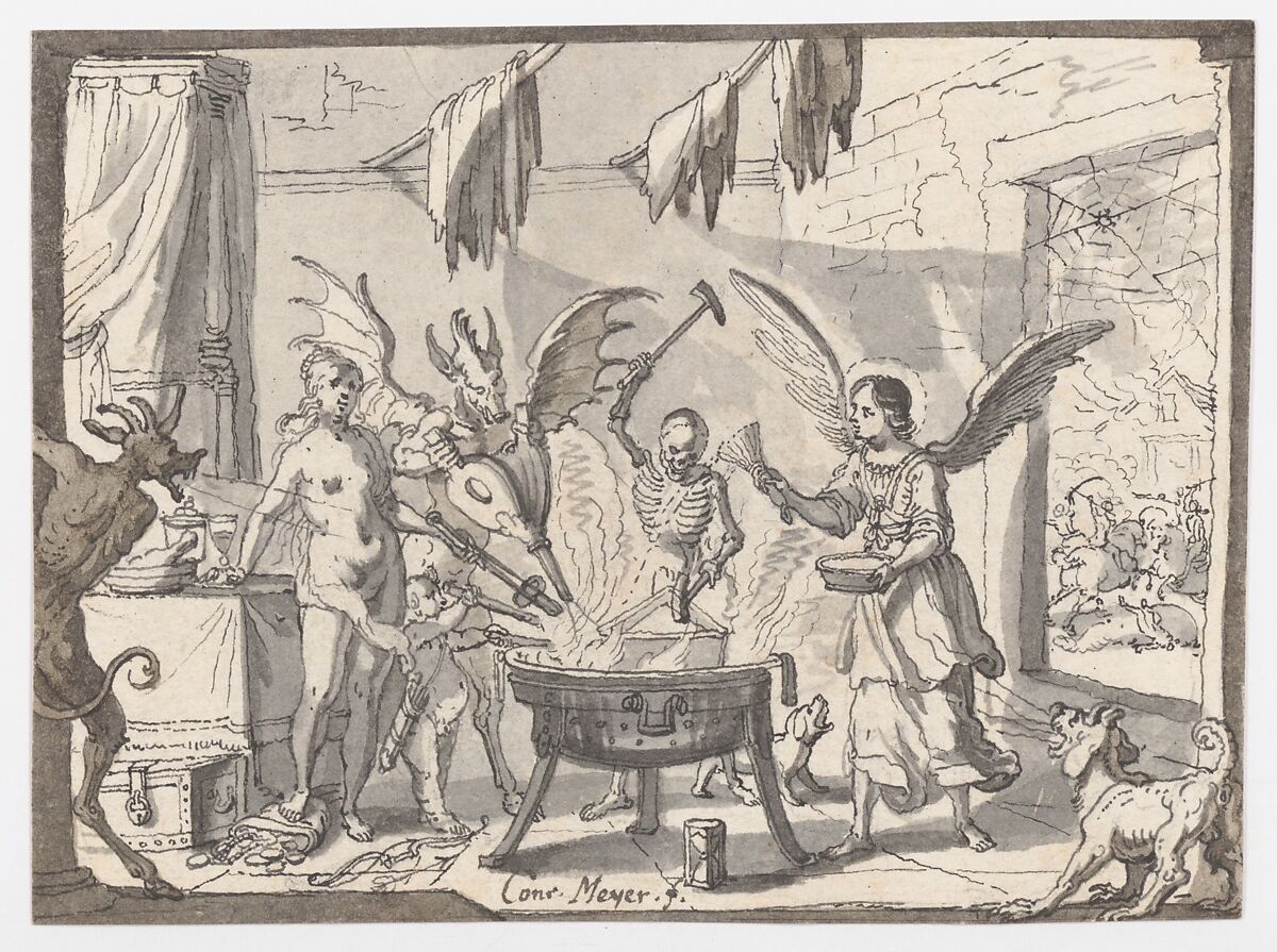 The Devil's Kitchen Visited by an Angel, Conrad Meyer (Swiss, Zürich 1618–1689 Zürich), Pen and gray ink, brush and gray wash