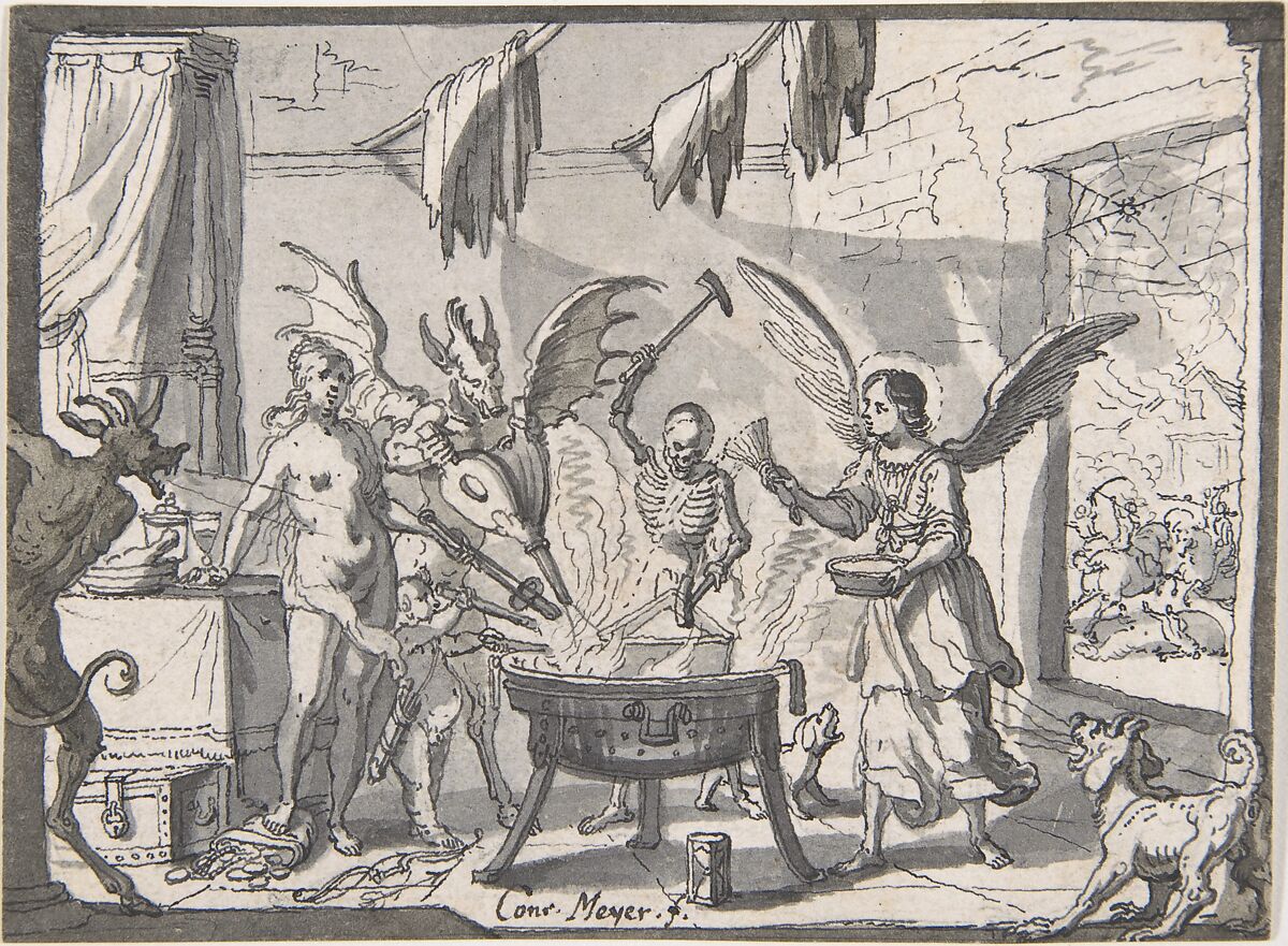 The Devil's Kitchen Visited by an Angel, Conrad Meyer (Swiss, Zürich 1618–1689 Zürich), Pen and gray ink, brush and gray wash 