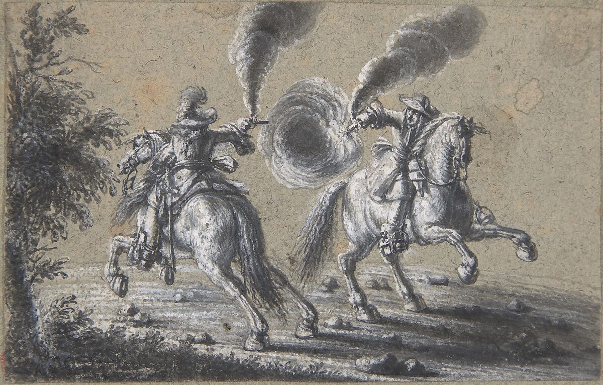 Two Horsemen Shooting at Each Other, Heinrich Werdmüller (Swiss, died Zurich, 1677 (?)), Pen and black ink, brush and gray wash, with gouache 